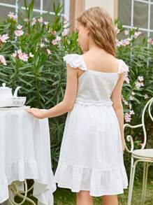 SHEIN Niñas Vestido ribete con bordado con ojal con fruncido bajo con fruncido - Blanco - Ver 2