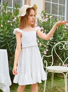SHEIN Niñas Vestido ribete con bordado con ojal con fruncido bajo con fruncido - Blanco - Ver 3
