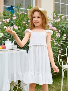 SHEIN Niñas Vestido ribete con bordado con ojal con fruncido bajo con fruncido - Blanco - Ver 4