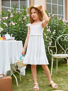 SHEIN Niñas Vestido ribete con bordado con ojal con fruncido bajo con fruncido - Blanco - Ver 5