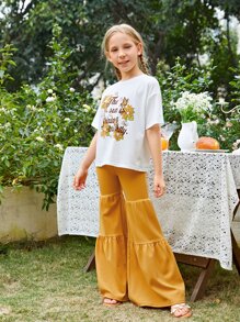 SHEIN Leap Crew Girls Slogan & Floral Print Drop Shoulder Tee & Flare Leg Trousers - Multicolor - View 4