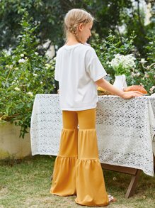 SHEIN Leap Crew Girls Slogan & Floral Print Drop Shoulder Tee & Flare Leg Trousers - Multicolor - View 5