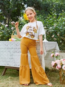 SHEIN Leap Crew Girls Slogan & Floral Print Drop Shoulder Tee & Flare Leg Trousers - Multicolor - View 2