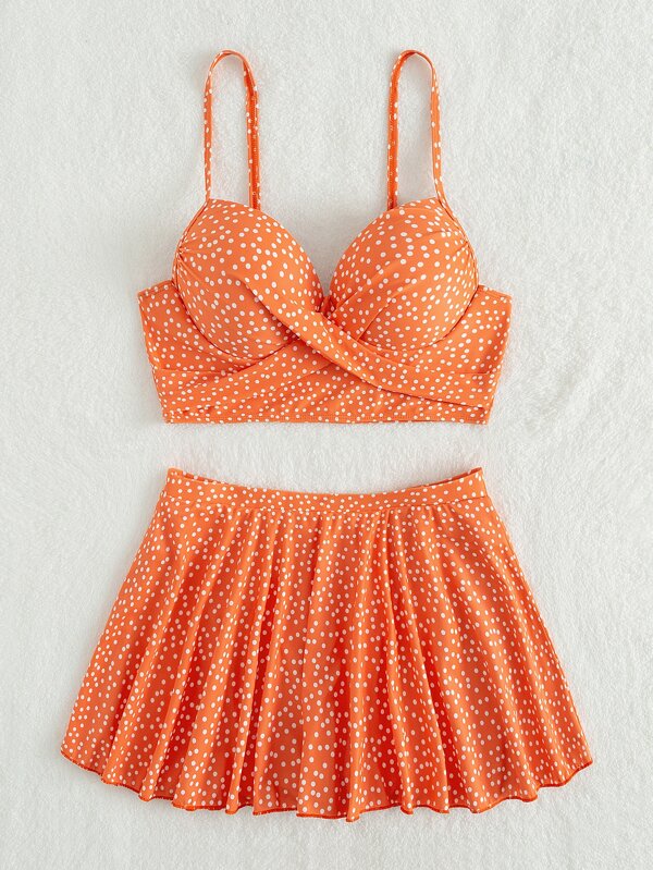 SHEIN Swim Vcay Polka Dot Print Tankini Set Underwire Wrap Cami Top & Skort 2 Piece Bathing Suit