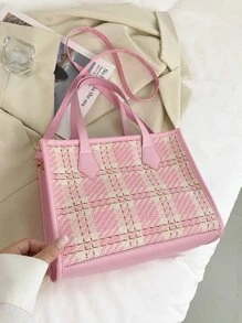 Contrast Binding Plaid Square Bag - Pink - View 2