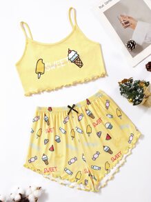 Cartoon And Letter Graphic Lettuce Trim Cami Top & Shorts PJ Set - Yellow - View 1