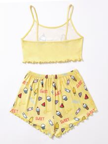 Cartoon And Letter Graphic Lettuce Trim Cami Top & Shorts PJ Set - Yellow - View 2