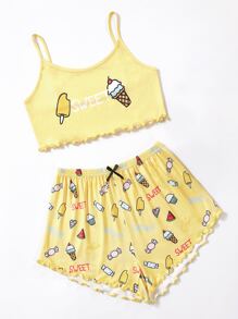 Cartoon And Letter Graphic Lettuce Trim Cami Top & Shorts PJ Set - Yellow - View 3