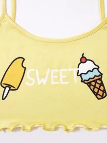 Cartoon And Letter Graphic Lettuce Trim Cami Top & Shorts PJ Set - Yellow - View 4