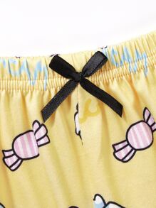 Cartoon And Letter Graphic Lettuce Trim Cami Top & Shorts PJ Set - Yellow - View 5