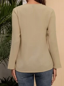 SHEIN LUNE Áo sơ mi nữ Dây kéo màu trơn Giải trí - Màu Khaki - Xem 2