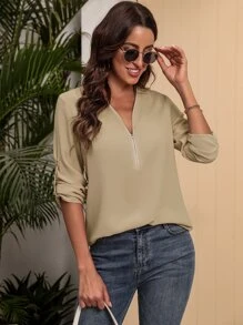 SHEIN LUNE Áo sơ mi nữ Dây kéo màu trơn Giải trí - Màu Khaki - Xem 3