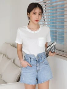 DAZY Camiseta tejida de canalé con parche de bolsillo - Blanco - Ver 5