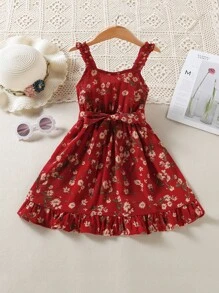 SHEIN Young Girl Floral Print Ruffle Hem Belted Cami Dress - Burgundy - View 1