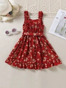 SHEIN Young Girl Floral Print Ruffle Hem Belted Cami Dress - Burgundy - View 2