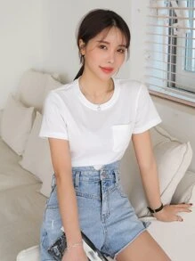 DAZY Camiseta tejida de canalé con parche de bolsillo - Blanco - Ver 7