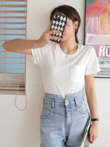 DAZY Camiseta tejida de canalé con parche de bolsillo - Blanco - Ver 8