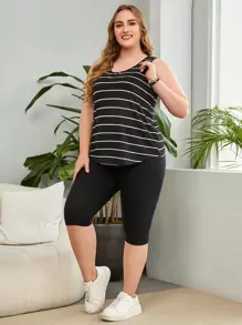 EMERY ROSE Plus Striped Tank Top & Leggings, Summer,Spring/Vacation - Black - View 1