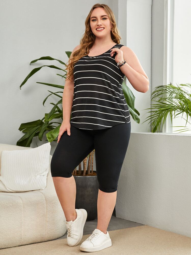 Plus Striped Tank Top & Leggings, Summer,Spring/Vacation