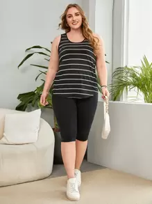 EMERY ROSE Plus Striped Tank Top & Leggings, Summer,Spring/Vacation - Black - View 3