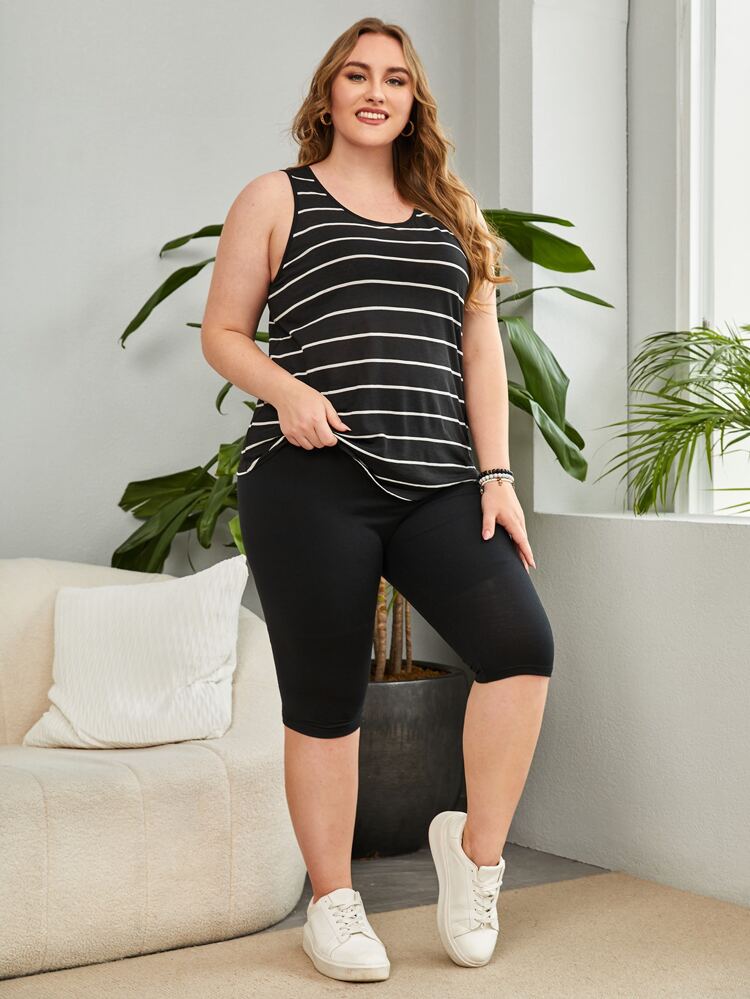 Plus Striped Tank Top & Leggings, Summer,Spring/Vacation