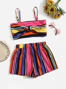 SHEIN Bộ hai mảnh Gái Thắt nút Dải chun Sọc Boho - Nhiều màu - Xem 1