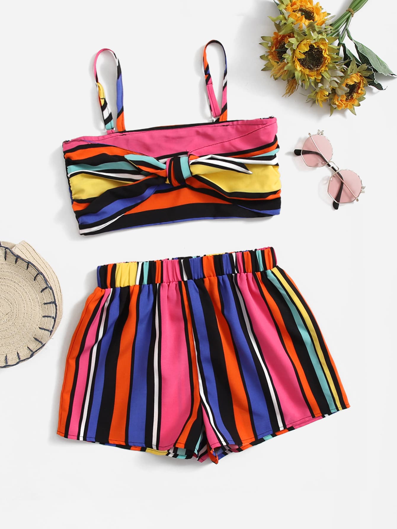 SHEIN Bộ hai mảnh Gái Thắt nút Dải chun Sọc Boho - Nhiều màu - Xem 1