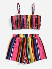 SHEIN Bộ hai mảnh Gái Thắt nút Dải chun Sọc Boho - Nhiều màu - Xem 2