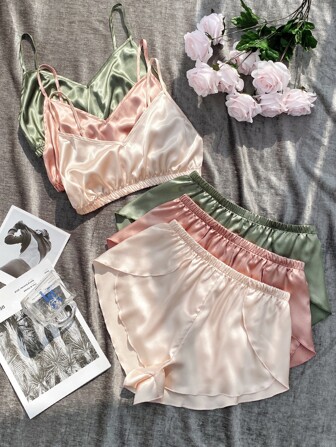 3套素色吊帶上衣和圍裹下擺短褲緞面睡衣套裝