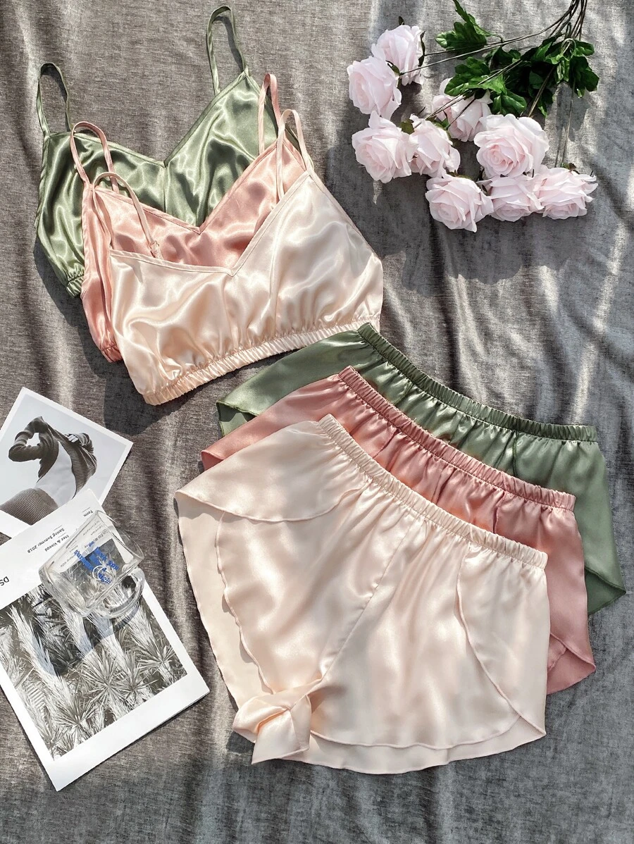 3set Solid Cami Top & Wrap Hem Shorts Satin PJ Set