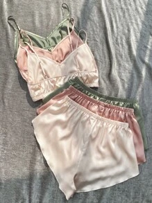 3set Solid Cami Top & Wrap Hem Shorts Satin PJ Set