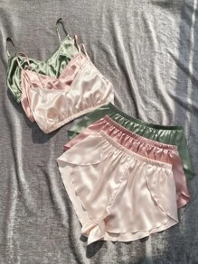 3set Solid Cami Top & Wrap Hem Shorts Satin PJ Set