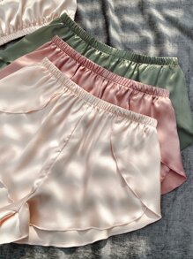 3set Solid Cami Top & Wrap Hem Shorts Satin PJ Set