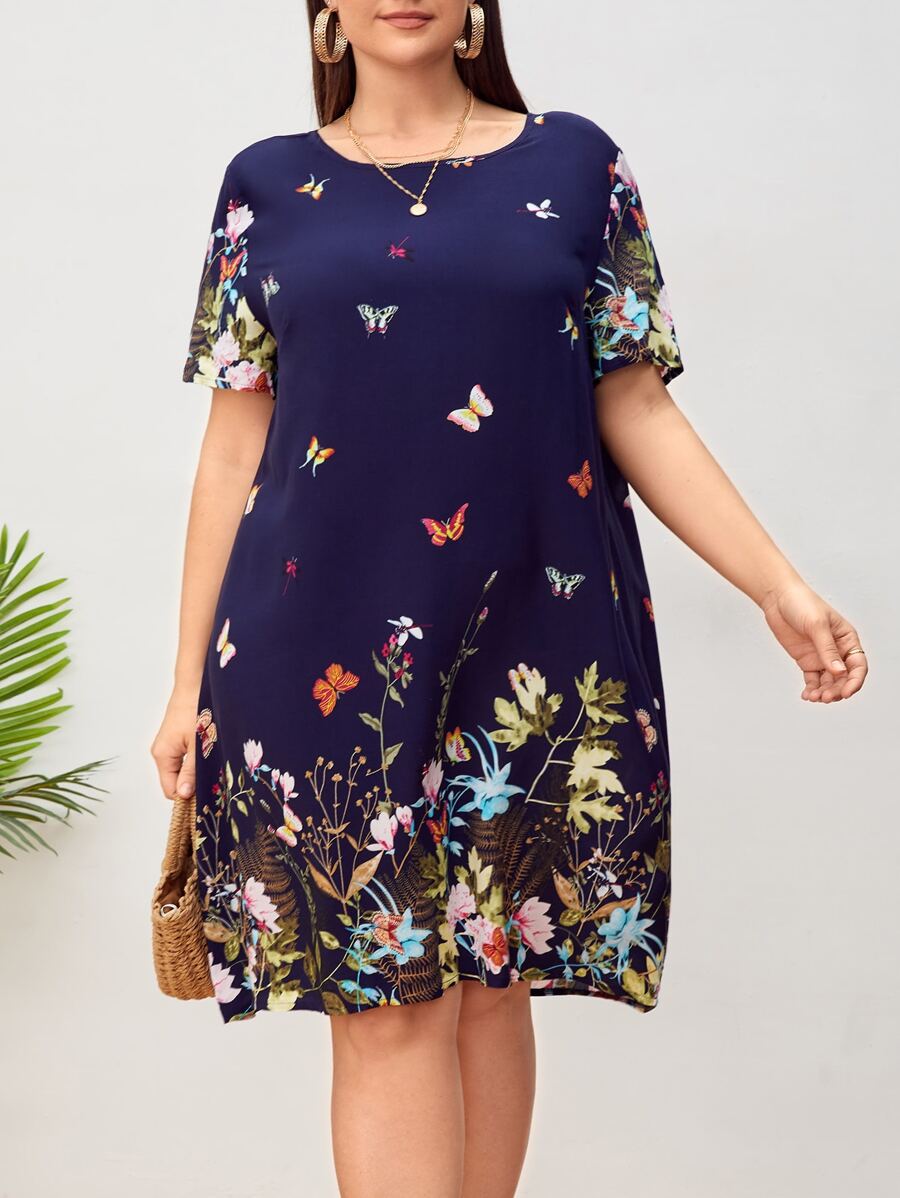 EMERY ROSE Plus Floral & Butterfly Print Tunic Dress - Blue - View 1