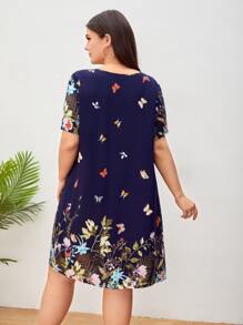 EMERY ROSE Plus Floral & Butterfly Print Tunic Dress - Blue - View 2