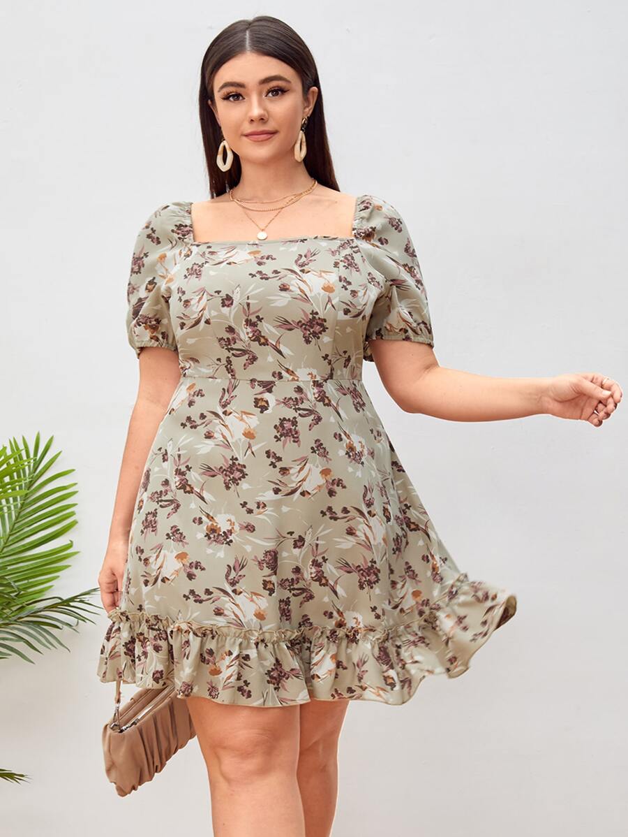 SHEIN VCAY 大碼印花方領泡泡袖荷葉邊連衣裙 - 卡其色 - 查看 1