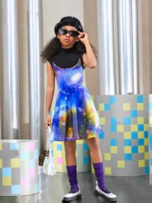 SHEIN Girls Plaid Colourblock Cami Dress & Mock Neck Tee - Multicolor - View 1