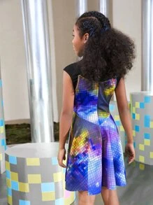 SHEIN Girls Plaid Colourblock Cami Dress & Mock Neck Tee - Multicolor - View 2