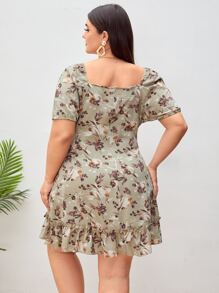 SHEIN VCAY 大碼印花方領泡泡袖荷葉邊連衣裙 - 卡其色 - 查看 2