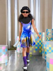 SHEIN Girls Plaid Colourblock Cami Dress & Mock Neck Tee - Multicolor - View 4