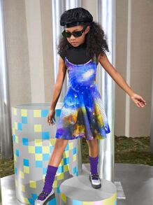 SHEIN Girls Plaid Colourblock Cami Dress & Mock Neck Tee - Multicolor - View 5