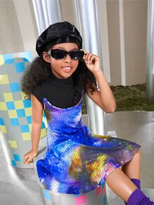 SHEIN Girls Plaid Colourblock Cami Dress & Mock Neck Tee - Multicolor - View 6