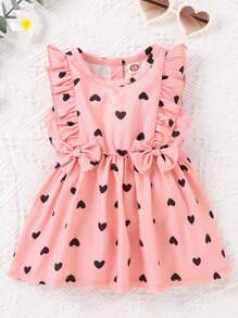 Bebé Vestido con estampado de corazón con lazo delantero ribete con fruncido - Rosa - Ver 1