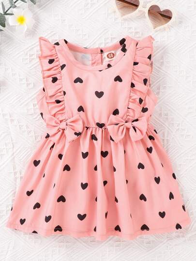 Bebé Vestido con estampado de corazón con lazo delantero ribete con fruncido