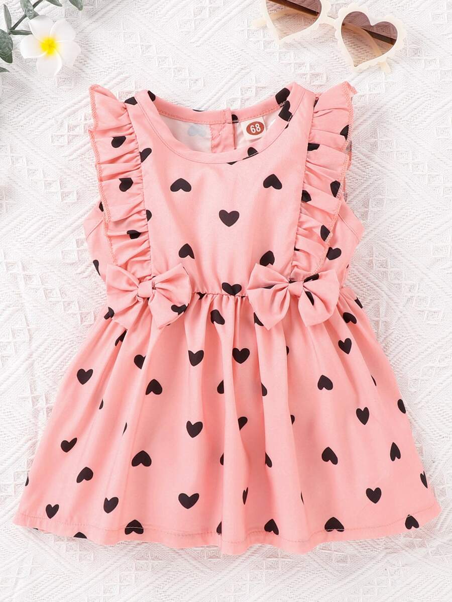 Bebé Vestido con estampado de corazón con lazo delantero ribete con fruncido - Rosa - Ver 1