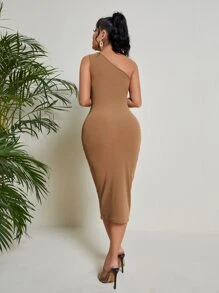 SHEIN SXY Đầm Cắt ra Gân đan màu trơn Giải trí - Màu Khaki - Xem 2