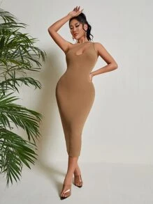 SHEIN SXY Đầm Cắt ra Gân đan màu trơn Giải trí - Màu Khaki - Xem 3