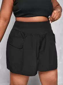 Flirla 大碼高腰雙口袋短褲 - 黑色 - 查看 4