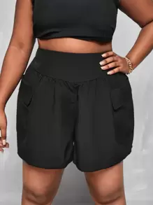 Flirla 大碼高腰雙口袋短褲 - 黑色 - 查看 5