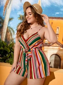 SHEIN VCAY Plus Block Striped Belted Cami Romper - Multicolor - View 2